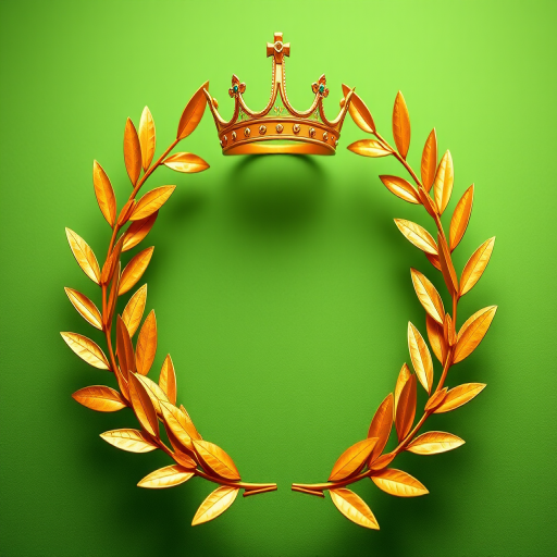 Create a detailed and vibrant image of a golden laurel wreath adorned with a crown at the top, set against a smooth green background, captured with a DSLR camera at f/2.8 aperture, 50mm lens, ISO 100, with soft lighting and a shallow depth of field for enhanced clarity.