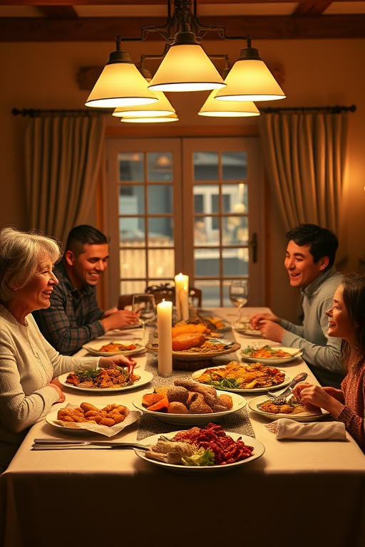 Warmly lit photo of a family gathered around a dining table for Thanksgiving, soft golden light from overhead lamps casting a warm glow, with plates of food and laughter filling the scene.