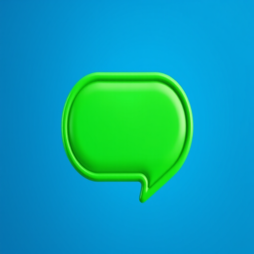Create a 3D glossy speech bubble icon in vibrant green color set against a smooth gradient blue background, using a Canon EOS R camera, f/2.8 aperture, 1/160s shutter speed, ISO 100, and a macro lens for enhanced detail and clarity.
