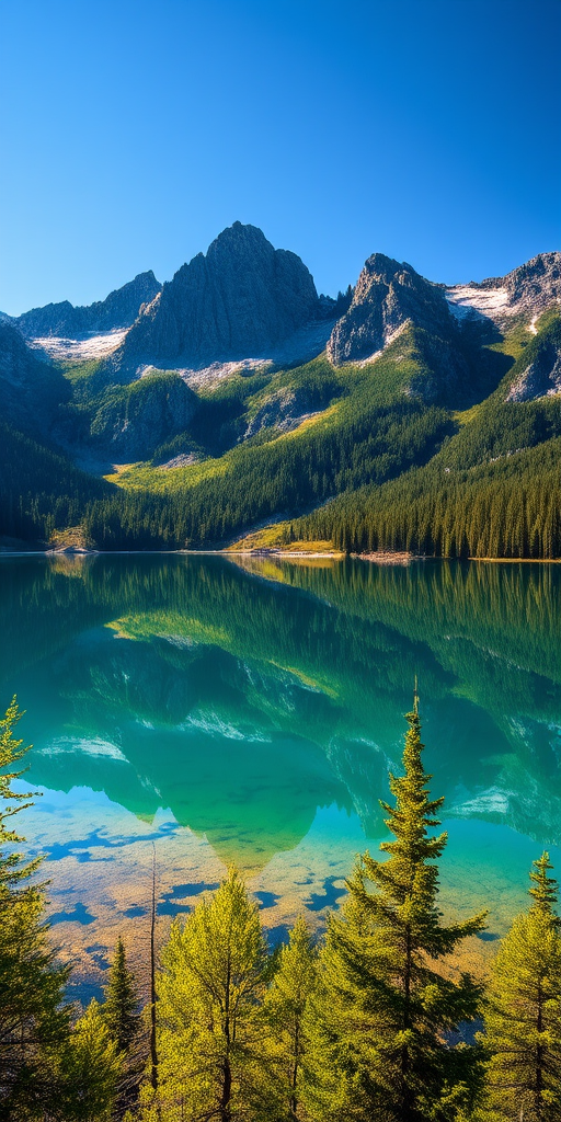 Capture a vibrant landscape of rugged mountains and lush green forests reflected in a serene lake under a bright blue sky, using a DSLR camera with a 24mm lens, aperture set to f/8, ISO 100, and a shutter speed of 1/200s for sharp detail and rich colors.