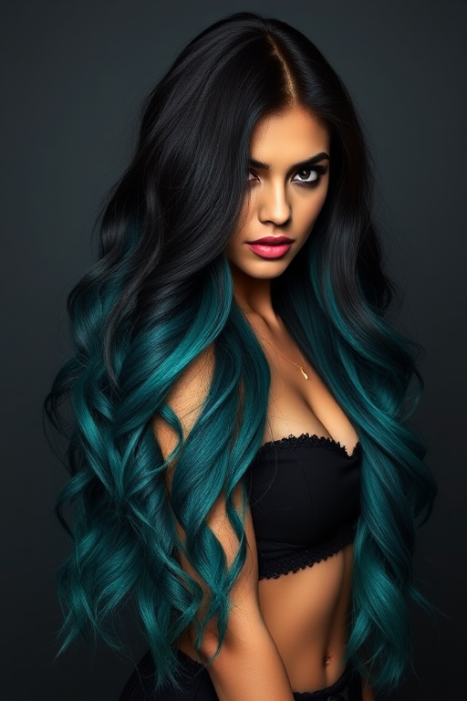 Sultry ombré-haired siren with waist-length locks transitioning from deep black roots to vibrant teal tips