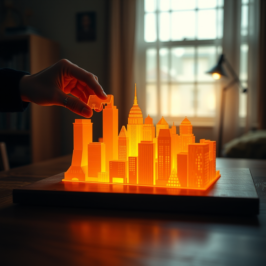 Imagine a cozy, dimly lit room with a wooden table featuring a glowing, intricate 3D model of a city skyline made of translucent orange geometric shapes, with a person's hand delicately adjusting one piece, using a DSLR camera set to f/2.8 aperture, ISO 100, 50mm focal length, and a warm, soft focus to enhance details and depth of field.