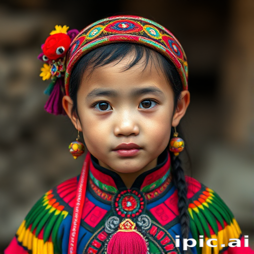 A beautiful Miao girl, wearing colorful bird clothing with vibrant colors