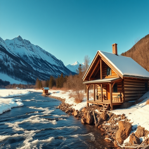 Capture a serene winter landscape featuring a rustic wooden cabin beside a flowing river, surrounded by snow-covered mountains under a clear blue sky, using a DSLR camera with a 24mm lens, aperture f/11, shutter speed 1/250s, and ISO 100, in landscape orientation for enhanced depth and detail.