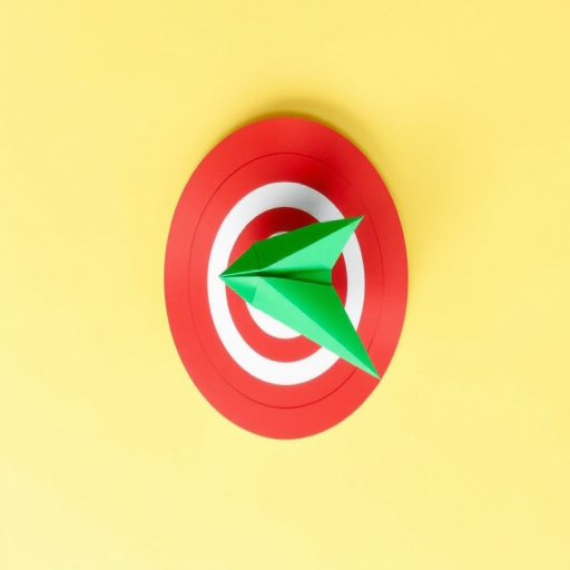 create a minimalist design of a green paper airplane flying towards a red and white target on a light yellow background, focus on vibrant colors and sharp contrasts, use a DSLR camera with f/4 aperture, ISO 100, 50mm lens, and a top-down view to enhance image quality