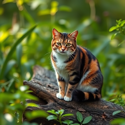A calico cat sitting on a log surrounded by greenery, captured with a DSLR camera at f/4.0, ISO 200, 50mm lens, in natural soft light with a shallow depth of field.