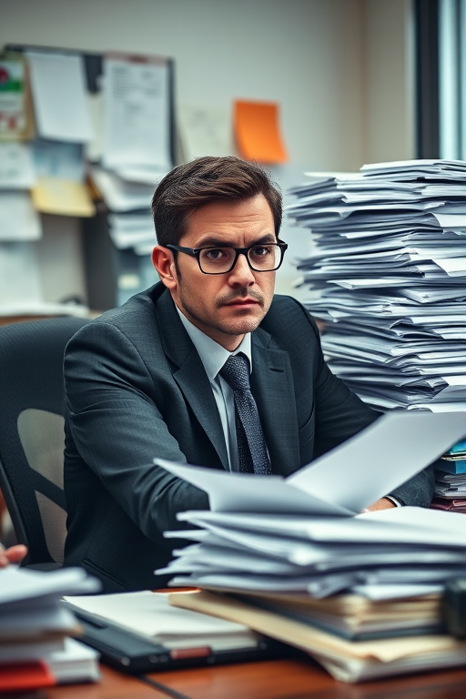 Create an image of a stressed office worker sitting at a cluttered desk piled high with paperwork, wearing glasses and a suit, shot with a DSLR camera, aperture f/2.8, ISO 200, 50mm lens, natural lighting to enhance clarity and detail.