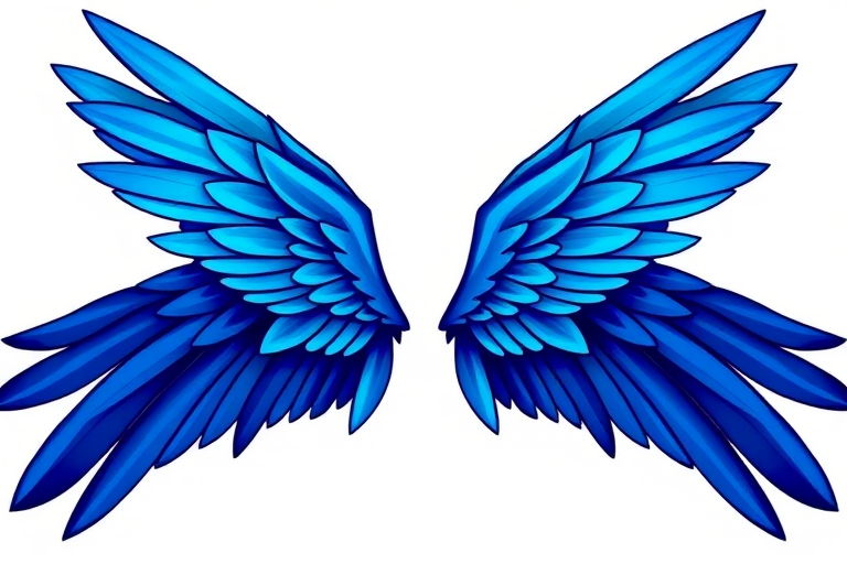 generate a highly detailed illustration of stylized wings, vibrant blue color, vector art style, shot with a DSLR camera at f/8 aperture, 35mm focal length, ISO 100, sharp focus, against a plain white background