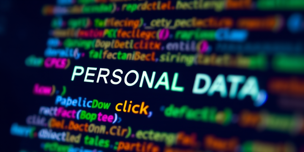 Generate an image of code containing the words "PERSONAL DATA" and "click" with varied colors for emphasis, using a macro lens at f/2.8, ISO 100, and a 50mm focal length, with a blurred background for depth.