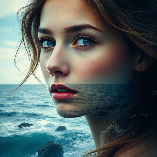 this picture is Book cover, A surreal double exposure portrait that blends a woman's face with a beautiful seascape. The overall mood is dreamy and mystical, with rich colors and intricate details