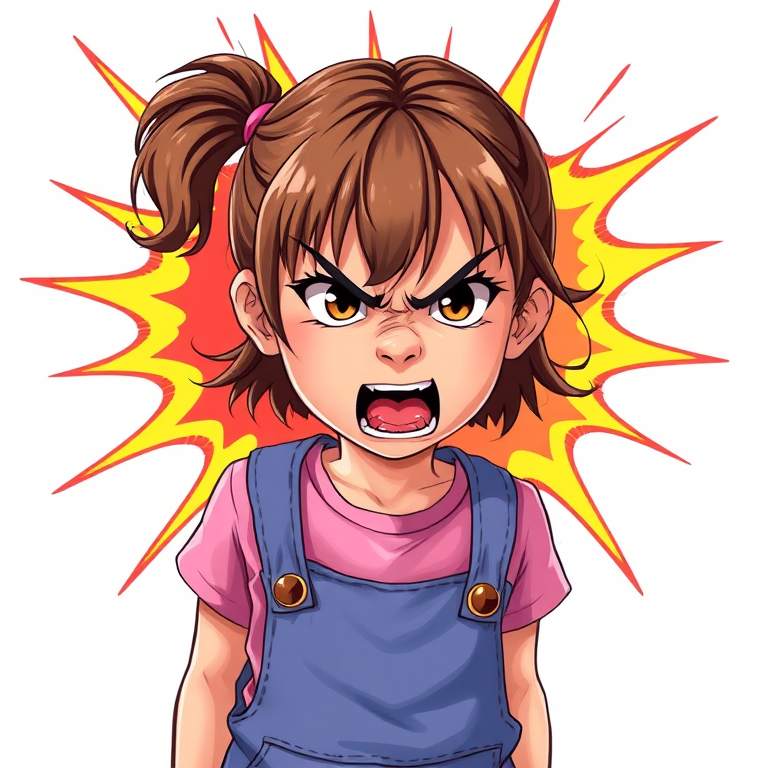 Generate an illustration of a young girl with brown hair in a pink shirt and blue overalls, expressing anger with an open mouth and a vibrant explosion graphic behind her, using a digital art style with high resolution, focal length 35mm, aperture f/8, and soft lighting to enhance detail and vibrancy.