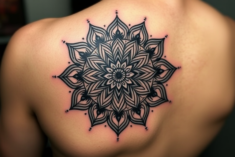 Intricate blackwork mandala tattoo called "Obsidian Lotus" showcasing a complex geometric pattern of interconnected lines and shapes forming a circular design reminiscent of a blooming lotus flower, with bold black ink creating stark contrast against the skin and fine dotwork details adding texture and depth to the tattoo, resulting in a mesmerizing and meditative piece that draws the eye and captivates onlookers
