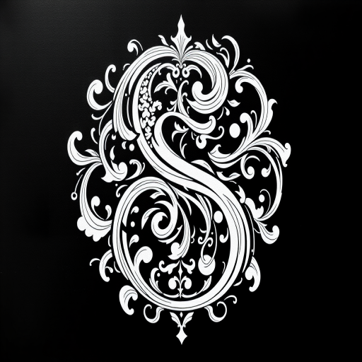 Create an intricate black and white design featuring a stylized letter S surrounded by flowing ornate patterns and abstract shapes, captured with a Canon EOS R5, 50mm lens, f/1.8 aperture, ISO 100, natural lighting.