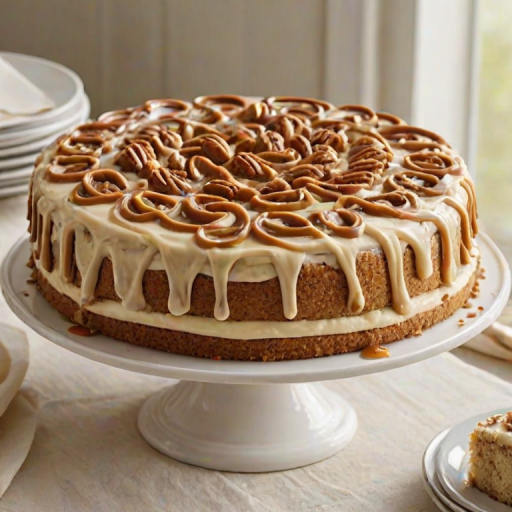 Create a delicious-looking cake with a smooth cream cheese frosting decorated with swirls on top. The cake should have a rich caramel drizzle and a crunchy nut crust around the bottom. The setting should be bright and inviting, emphasizing the cake's textures and colors.