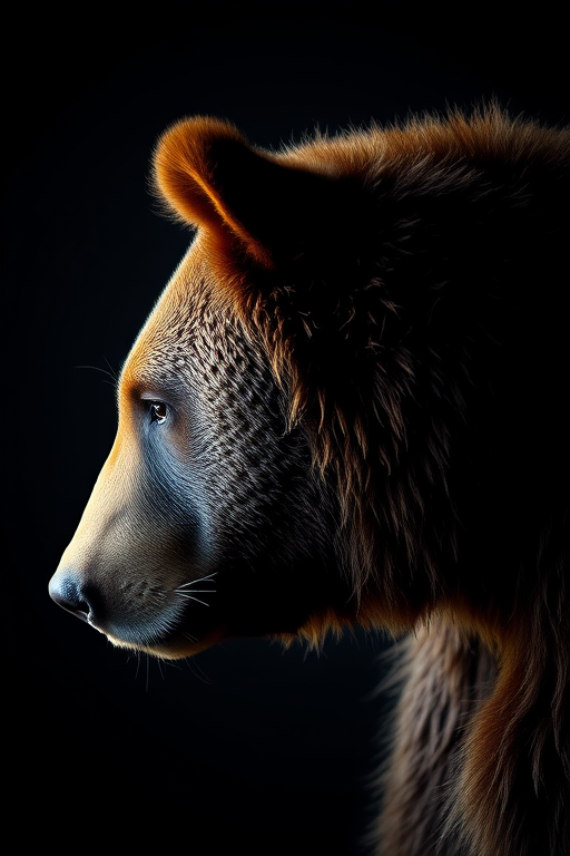 create a high-resolution image of a bear in profile view, digital artwork style, 4k resolution, with soft lighting, using a DSLR camera, aperture f/8, ISO 200, focal length 50mm