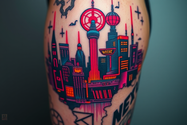 Cyberpunk-inspired tattoo called "Neon Nexus" depicting a futuristic cityscape with glowing neon accents and holographic elements, combining bold linework with subtle color gradients