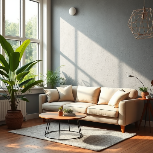 interior living room scene with a soft beige couch against a textured grey wall, natural light streaming through large windows, lush greenery adding freshness, shot with a Canon EOS R5, 35mm lens, f/2.8 aperture, 1/60 shutter speed, ISO 100, soft focus style to enhance tranquility and warmth