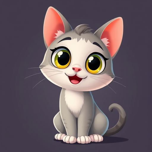 Create a high-quality digital illustration of a cartoon cat with large, expressive eyes and a playful posture, using a professional DSLR camera set to f/2.8 for a shallow depth of field, ISO 200 for reduced noise, and a 50mm lens at eye level to capture vibrant colors and details.