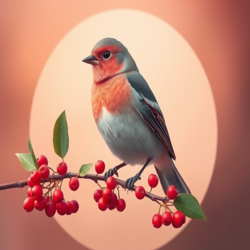 Create a highly detailed digital illustration of a bird perched on a branch with red berries, using a soft pastel color palette, with a warm circular background, in a 3D style; use high-resolution settings, focal length of 50mm, aperture at f/2.8, and a Canon DSLR camera.