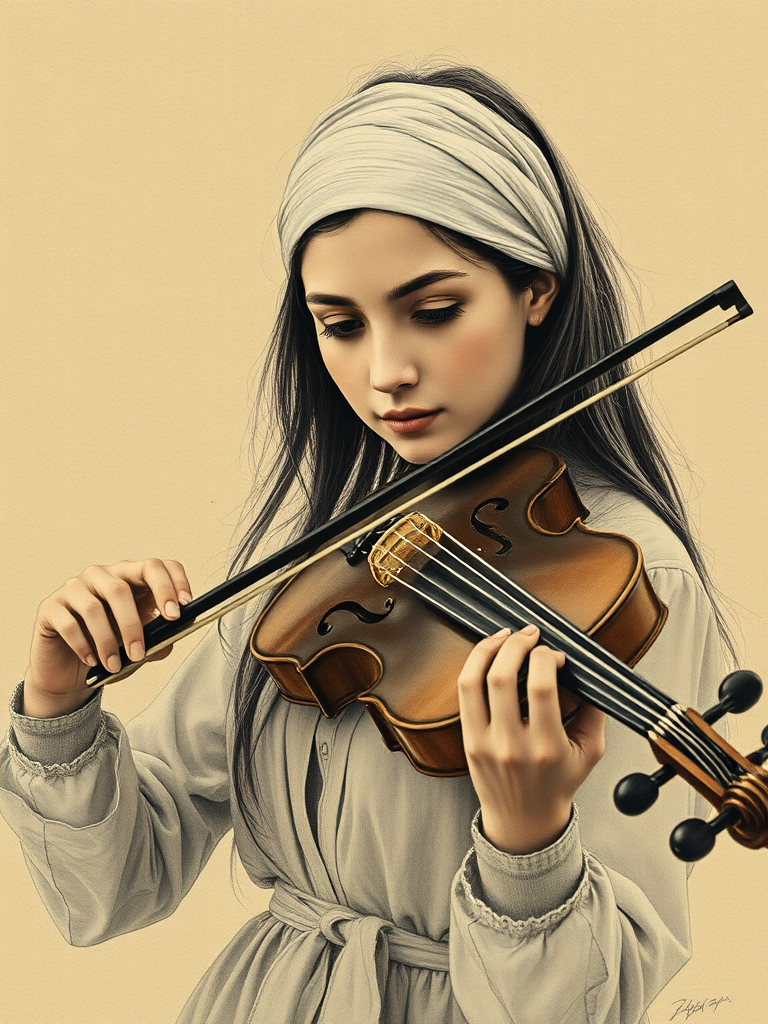 a young Turkish woman with a white headband playing a violin, in the style of a charcoal drawing, sepia grunge background