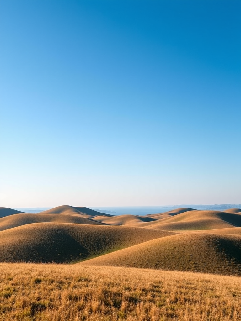 Create a high-resolution image of a serene landscape featuring rolling hills and a clear blue sky, captured with a Canon EOS R5, 35mm lens, f/8 aperture, ISO 100, with a wide-angle view and bright, vibrant colors.