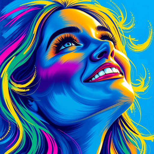 Generate a psychedelic portrait of a woman's happy face with brushstrokes of a woman smiling and looking up at the sky, emphasizing bright and bold colors. The dominant color should be deep blue, with swirling patterns of yellow, green, pink, purple and orange. open blue eyes with long eyelashes, apply an orange-yellow eyeshadow for a mesmerizing effect.