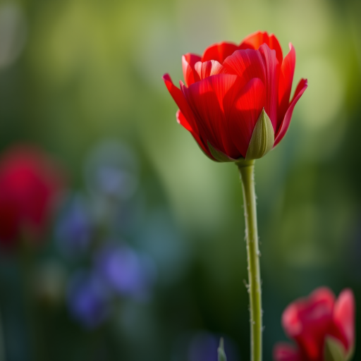 capture a close-up of a vibrant red ranunculus flower with a soft-focus background, using a DSLR camera with a 50mm lens at f/2.8, ISO 100, 1/200s, natural lighting for enhanced color richness and detail