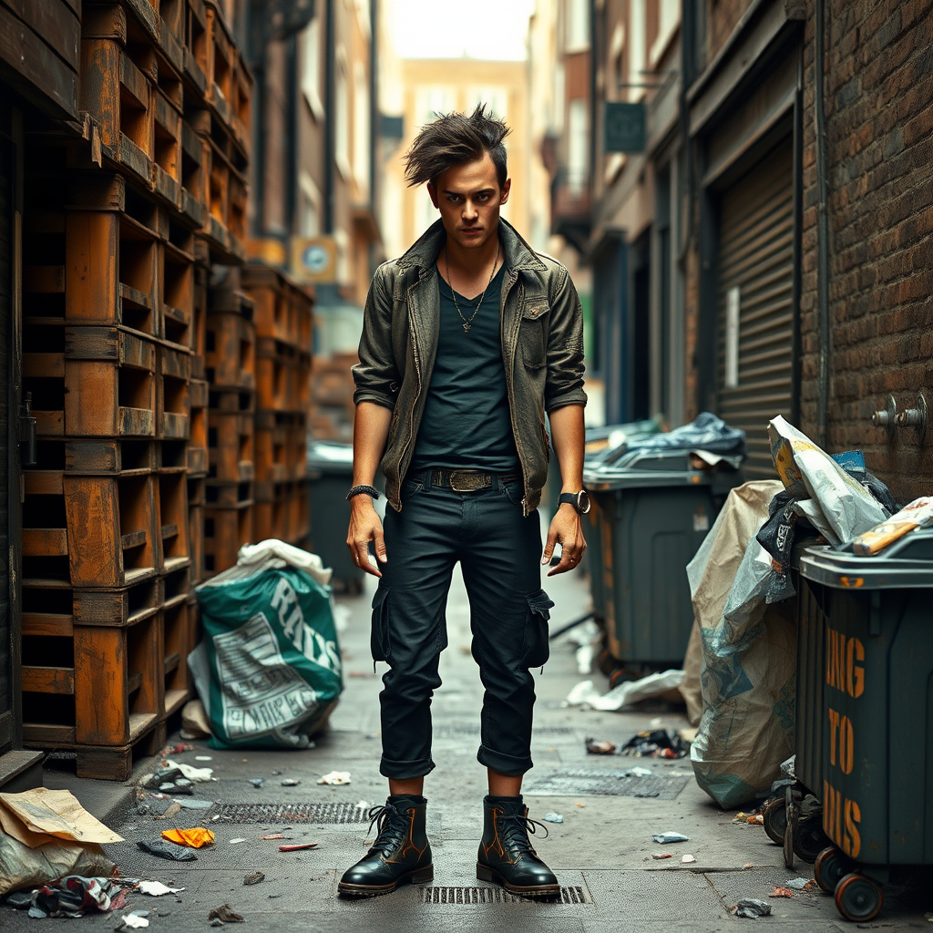 generate an ultra-realistic, highly detailed photograph of a punk. he's standing still, looking menacingly at the camera. he's in a narrow, dirty London street. there are wooden crates stacked up. overflowing rubbish bins, rubbish on the ground.