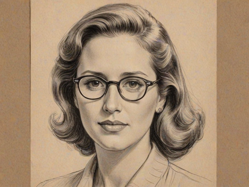 Comely Chevy Chase, pencil sketch, portrait of Splendid woman 1941s in glasses, hair style beatnik, outline, clear lines, fine lines, 8k