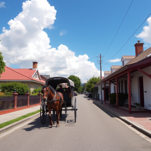 Create a vibrant street scene featuring a horse-drawn carriage on a picturesque path lined with houses, with a clear blue sky and fluffy clouds overhead, using a DSLR camera at 50mm, aperture f/8, ISO 100, and shot in landscape orientation to capture depth and detail.