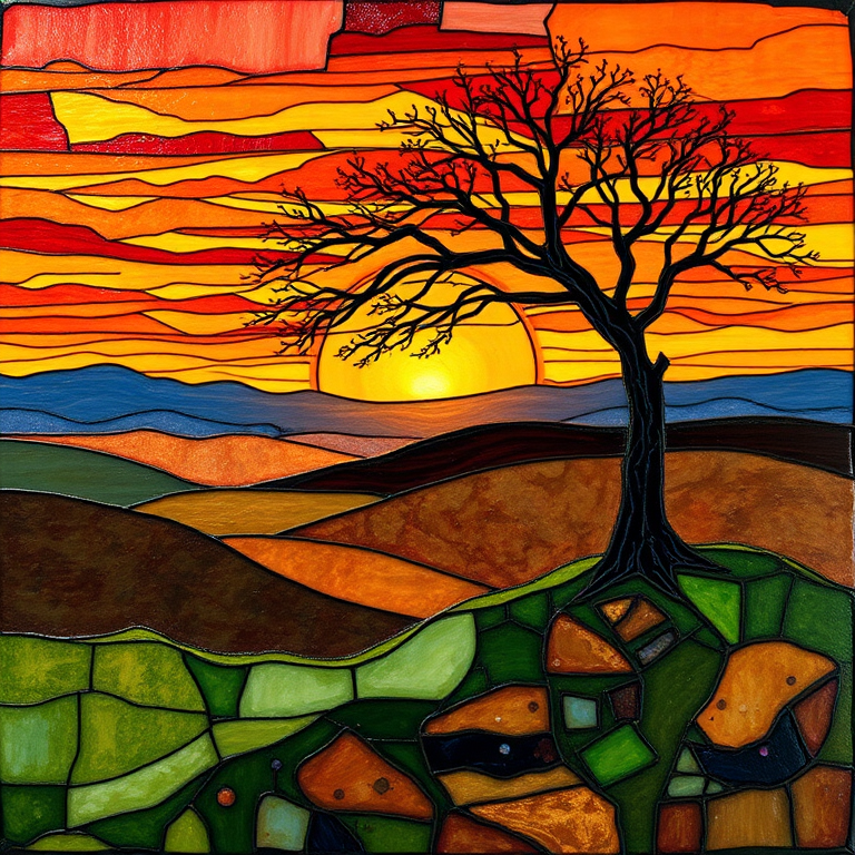 A vibrant abstract painting on Tiffany Glass, blending acrylic and alcohol ink techniques, captures a dramatic sunset over rolling hills. The artwork features a textured, rocky foreground in green and brown, layered abstract hills, and a striking sunset in rich oranges, yellows, and reds. A solitary black tree with intricate branches contrasts against the fiery sky, creating a dynamic and expressive portrayal of a breathtaking natural scene.