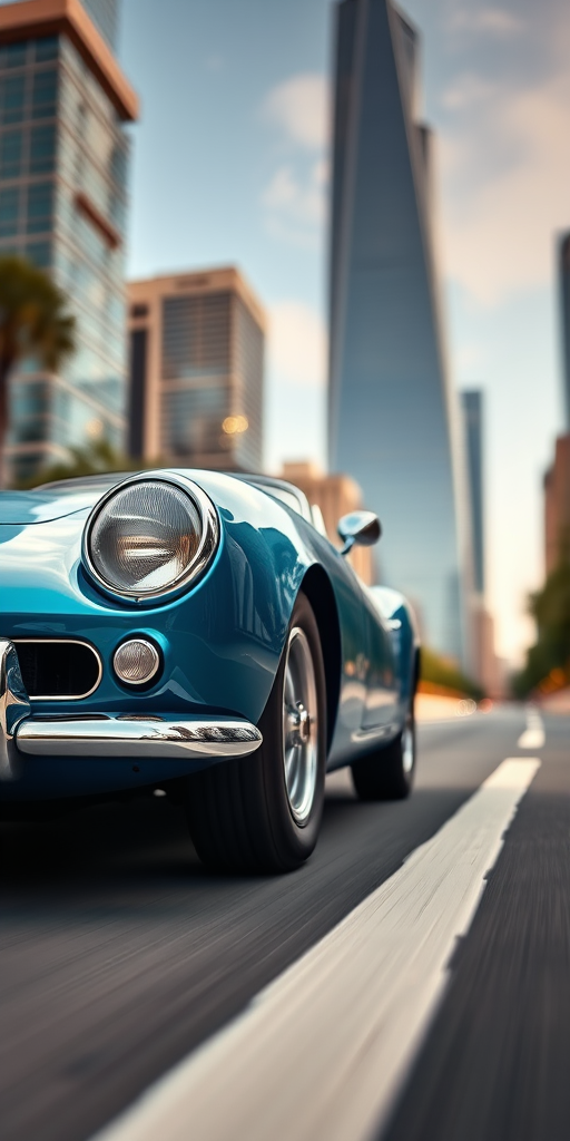 Regenerate a high-quality image of a sleek blue vintage car on a blurred road with skyscrapers in the background, using a DSLR camera with a 50mm lens, aperture f/1.8, shutter speed 1/200 sec, ISO 100, shot from a low angle to emphasize the car's design, with soft focus to enhance the dreamlike atmosphere.