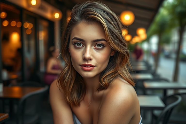 photo of young [woman:Ana de Armas:0.4], highlight hair, sitting outside restaurant, wearing dress, rim lighting, studio lighting, looking at the camera, dslr, ultra quality, sharp focus, tack sharp, dof, film grain, Fujifilm XT3, crystal clear, 8K UHD, highly detailed glossy eyes, high detailed skin, skin pores