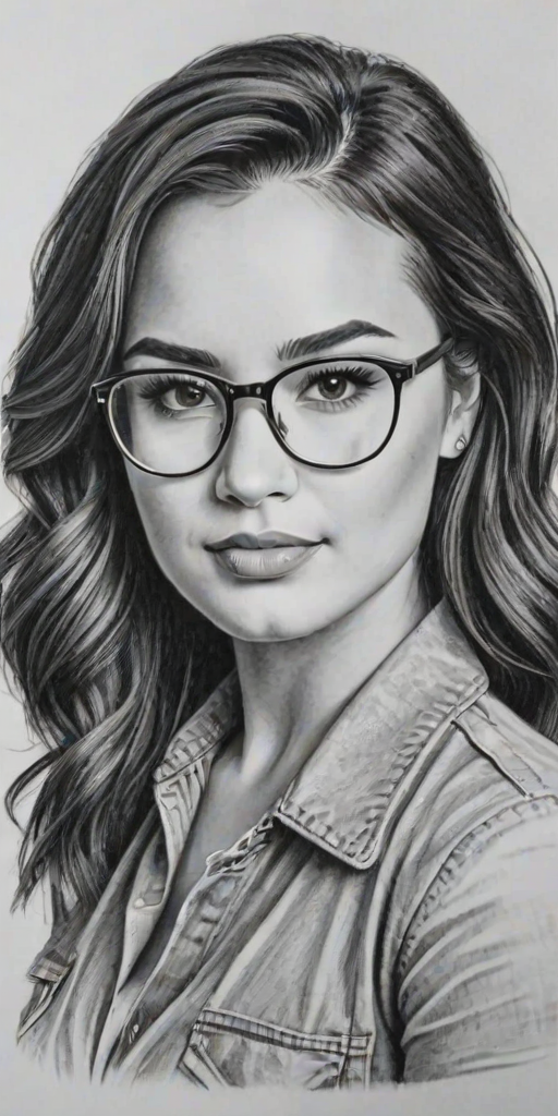 Comely Demi Lovato, pencil sketch, portrait of Attractive woman 1945s in glasses, hair style beatnik, outline, clear lines, fine lines, 8k