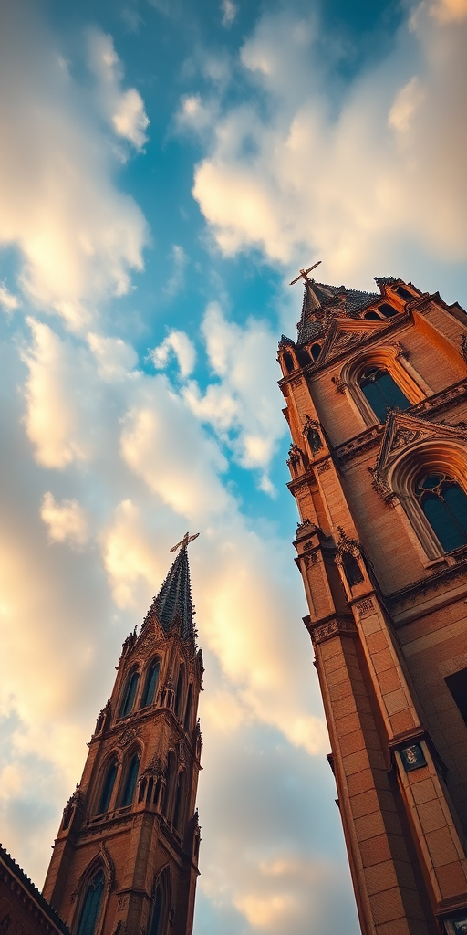 cathedral towers with dramatic sky, wide-angle lens, f/8 aperture, ISO 200, low-angle perspective, DSLR camera, vibrant colors, sharp details