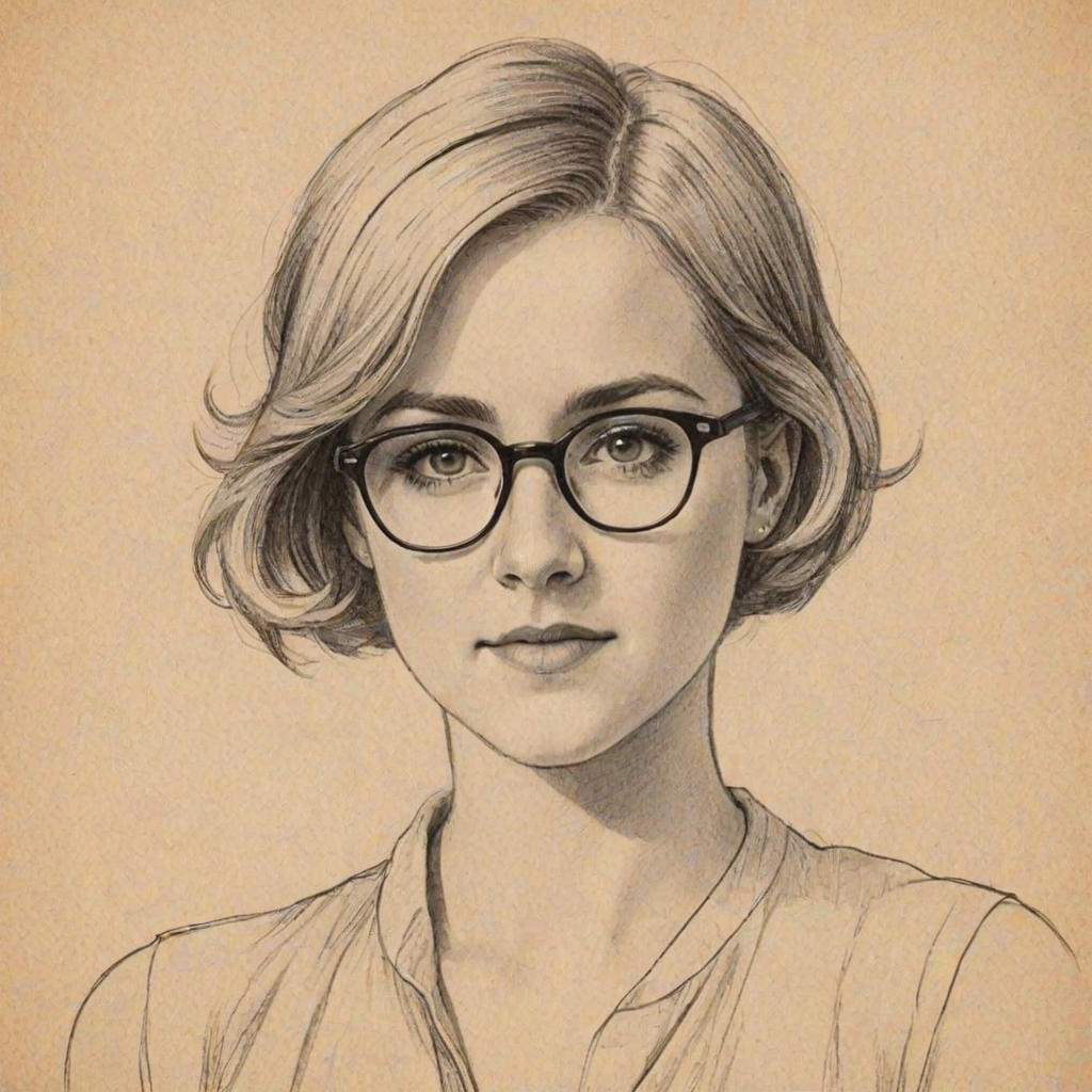 Appealing Hannah Hart, pencil sketch, portrait of Stunning woman 1920s in glasses, hair style beatnik, outline, clear lines, fine lines, 8k