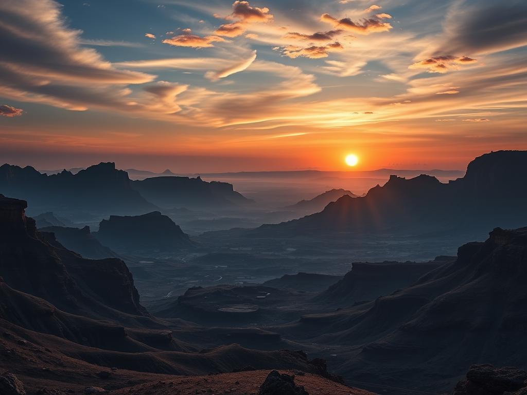 Create a realistic depiction of an alien landscape featuring mountains and craters under a twilight sky, with a distant sun rising, using a full-frame DSLR camera, 24mm focal length, f/11 aperture, ISO 100, HDR settings for enhanced detail, and a wide-angle view to capture the vastness of the scene.