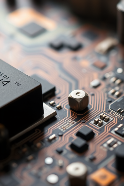 macro shot of a printed circuit board with intricate details and textures, f/2.8 aperture, ISO 100, 50mm lens, shallow depth of field, natural lighting, DSLR camera, close-up perspective