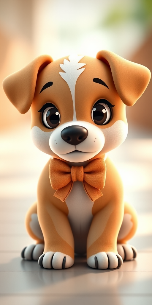 Create a highly detailed 3D rendering of a cute cartoon puppy with a bow, using a Canon EOS R5 camera, 50mm lens, aperture f/1.8, ISO 100, captured in soft natural light with a shallow depth of field to enhance focus on the puppy, with a soft-focus background.