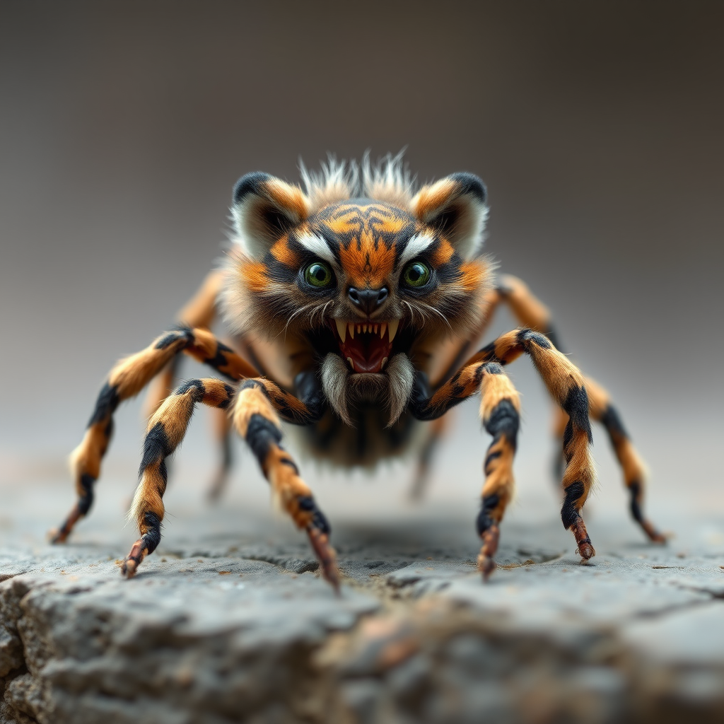 This charming yet frightening Spider Tiger features six legs, a hairy, furry body, and a cat-like tiger physique combined with an insectoid tiger head and tiger legs. The furry head further adds to the creature's unique appearance, creating a captivating blend of cuteness and fear that makes this six-legged, furry, insect-inspired tiger both adorable and scary.