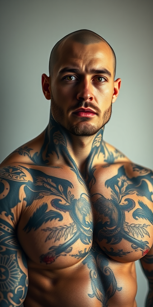 Capture a close-up portrait of a muscular, bald man with intricate tattoos covering his chest and arms, studio lighting, soft focus background, using a Canon EOS R5 with 85mm f/1.2 lens at f/2.8, ISO 100, shutter speed 1/200s.