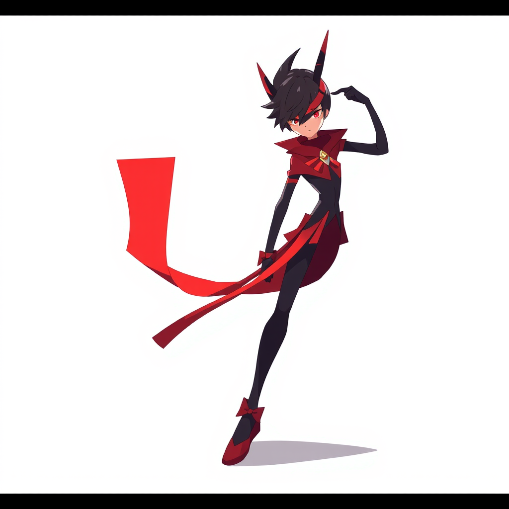 Create a high-resolution digital illustration of a stylized character in a dynamic pose, with a red and black color scheme, soft lighting, 35mm lens, f/2.8 aperture, 1/60 sec shutter speed, DSLR camera, and a slight depth of field to emphasize the character against a minimalist background.