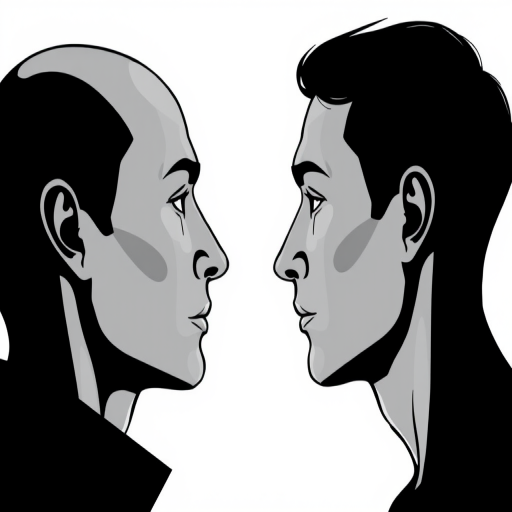 Create a high-contrast black and white illustration of two human profiles facing each other, using a DSLR camera with a 50mm lens, aperture f/2.8, ISO 100, and soft focus background for enhanced clarity and depth.
