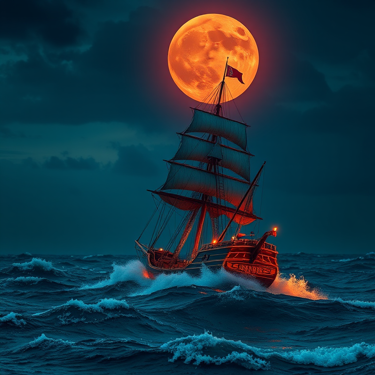 regenerate the image of a majestic sailing ship in turbulent seas under a dramatic blood moon, captured with a Canon EOS R5, 24-70mm lens at f/2.8, ISO 200, shutter speed 1/125s, in high dynamic range, wide-angle view, vibrant colors and sharp details to enhance the atmospheric effects