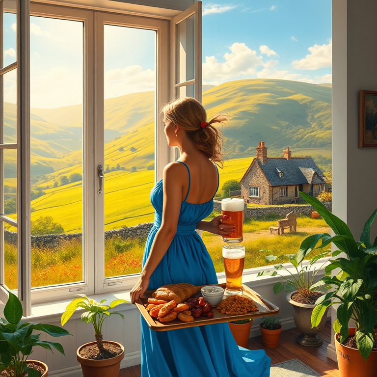 In "A Glass of Beer on the Highland," a serene scene is depicted in a sunlit room where a woman in a vibrant blue dress stands by a large window. She holds a tray with a hearty meal and a frothy glass of beer, embodying a moment of relaxation. Outside, the breathtaking highland landscape features rolling green hills and a charming traditional house, all bathed in warm afternoon light. The interior is adorned with potted plants, creating a harmonious blend of comfort and nature. The painting beautifully captures the tranquility and joy found in simple pleasures amidst stunning scenery