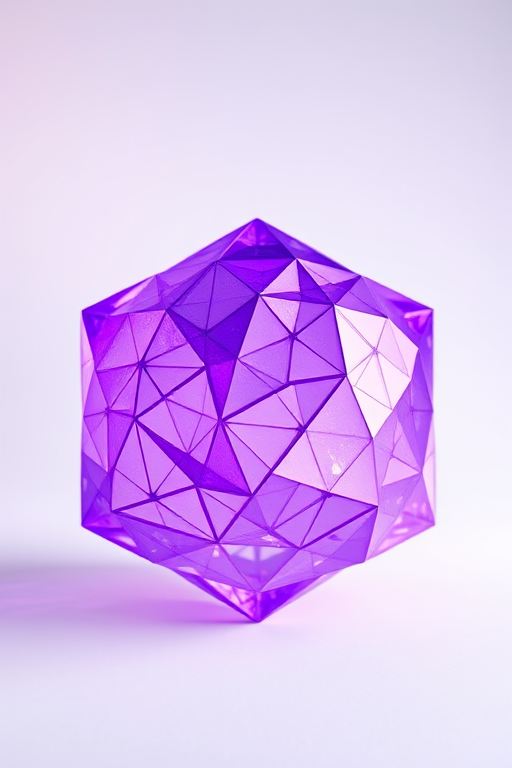 3D abstract purple geometric shape with intricate patterns and sharp edges, studio lighting, 50mm lens, f/8 aperture, ISO 100, rendered in high resolution with soft focus background, dynamic angle view.