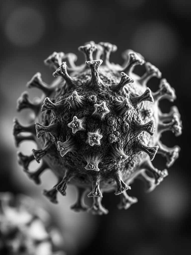 highly detailed close-up of a virus in monochrome, macro lens, aperture f/8, ISO 100, 50mm lens, soft focus background, shallow depth of field, high dynamic range imaging