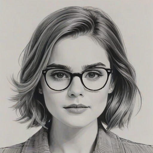 Appealing Zoey Deutch, pencil sketch, portrait of Radiant woman 1963s in glasses, hair style beatnik, outline, clear lines, fine lines, 8k