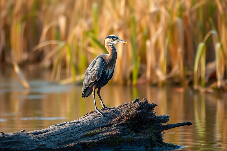 A sharp, detailed image of a bird standing on a log by the water, with tall grass in the background, captured with a DSLR camera at f/4, 1/500s, ISO 200, using a 300mm lens, in a natural setting with soft lighting, focus on the bird with a shallow depth of field.