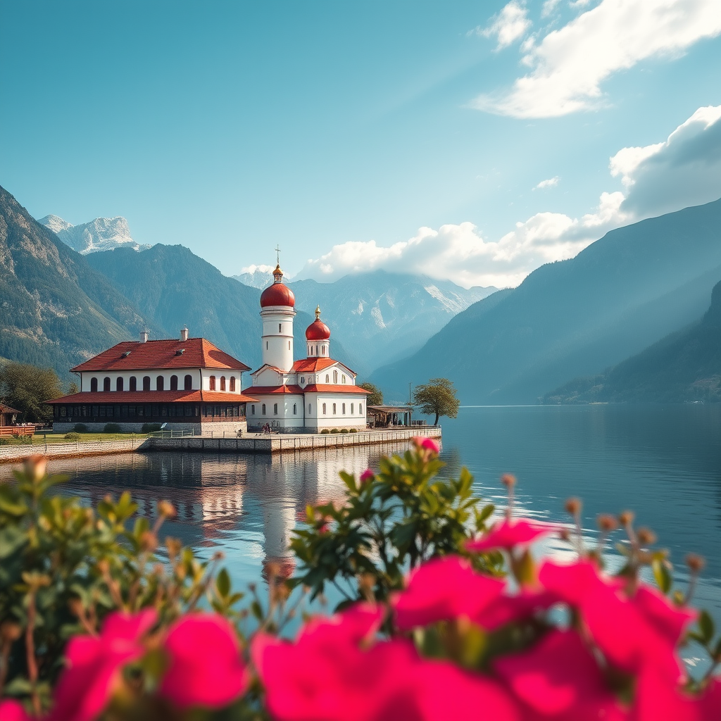 regenerate the image of a lakeside view with a traditional building and a church featuring red domes, surrounded by majestic mountains, use a DSLR camera with a 24mm lens, aperture f/8, shutter speed 1/200s, ISO 100, taken from a low angle perspective for enhanced depth and clarity, vibrant colors and sharp details.
